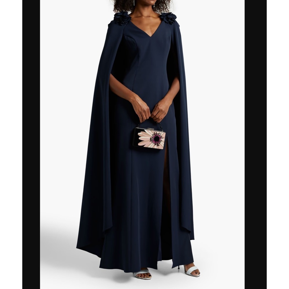 NEW Marchesa Notte Cape Effect Floral-Appliquéd Cady Gown Navy Blue Size 4